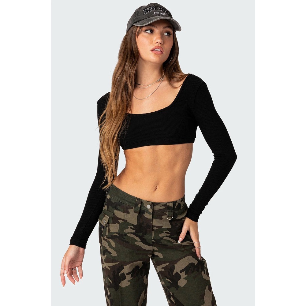 Edikted Black Ribbed Long Sleeve Crop Top Square Neck Button‎ Front XS